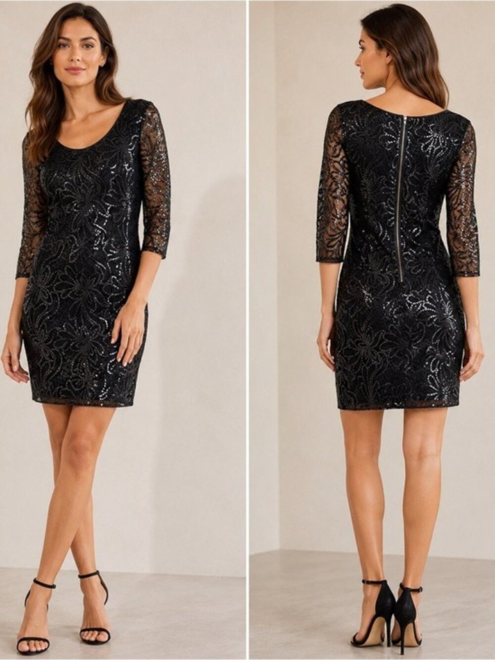 Eccoci Black Sequin Lace Dress Size 12 Floral Cocktail Party NWT $259